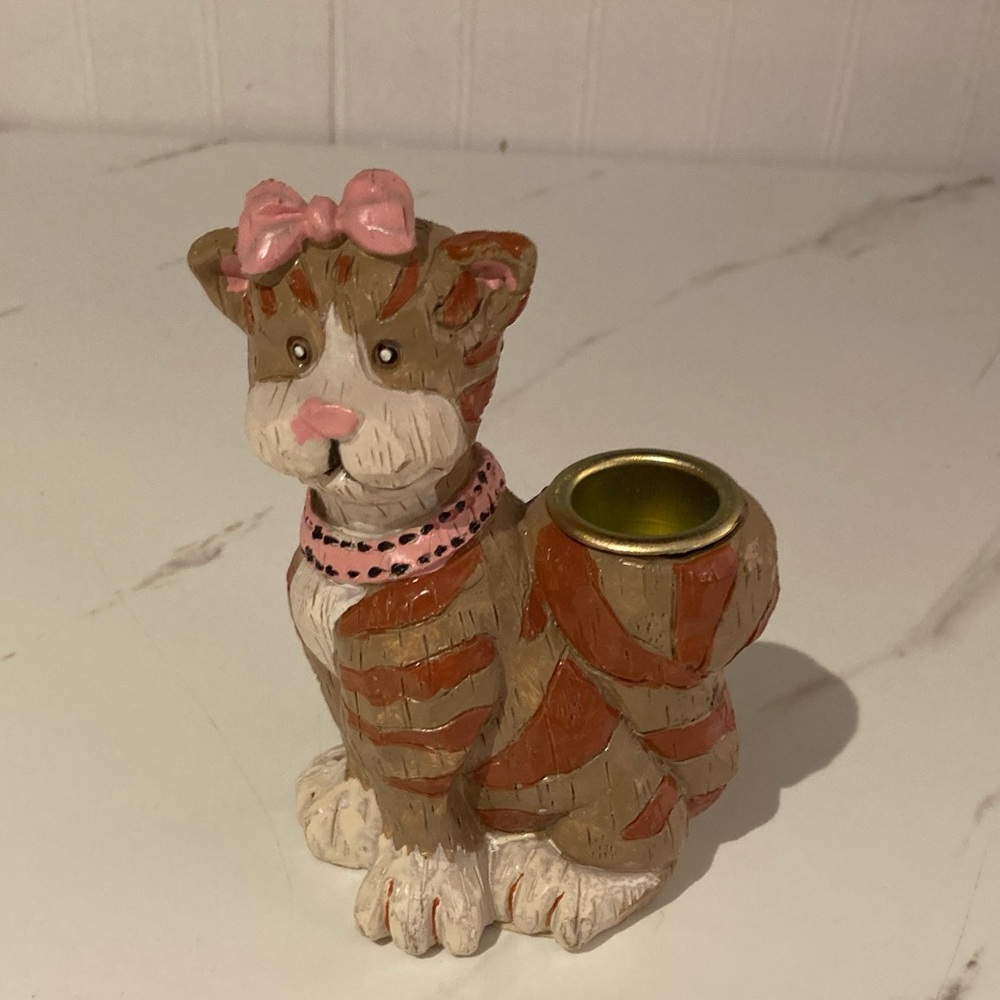 1997 Hermitage Pottery Cat Taper Candle Holder Resin Hand Painted Whimsical